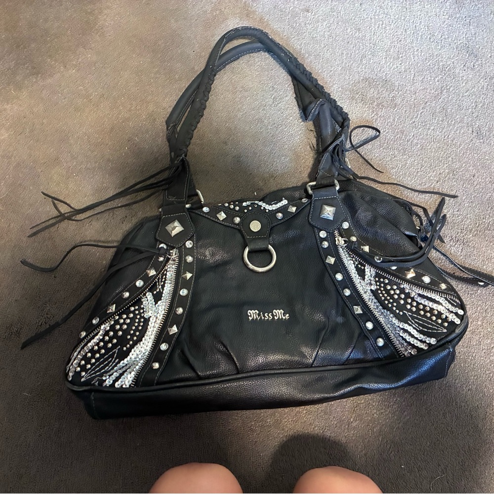Miss Me Black and Silver Studded Shoulder Bag